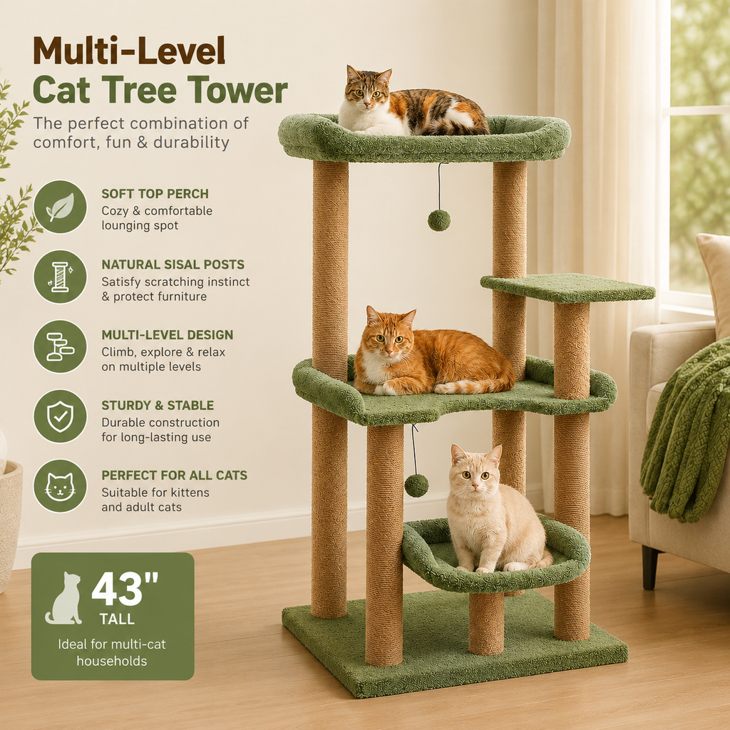 Cat Tree 110cm — 4-Tier Cat Tower with Plush Bed & Sisal Scratching Posts