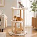 Wooden Cat Tree — 3-Tier Modern Cat Tower with Removable Basket Bed