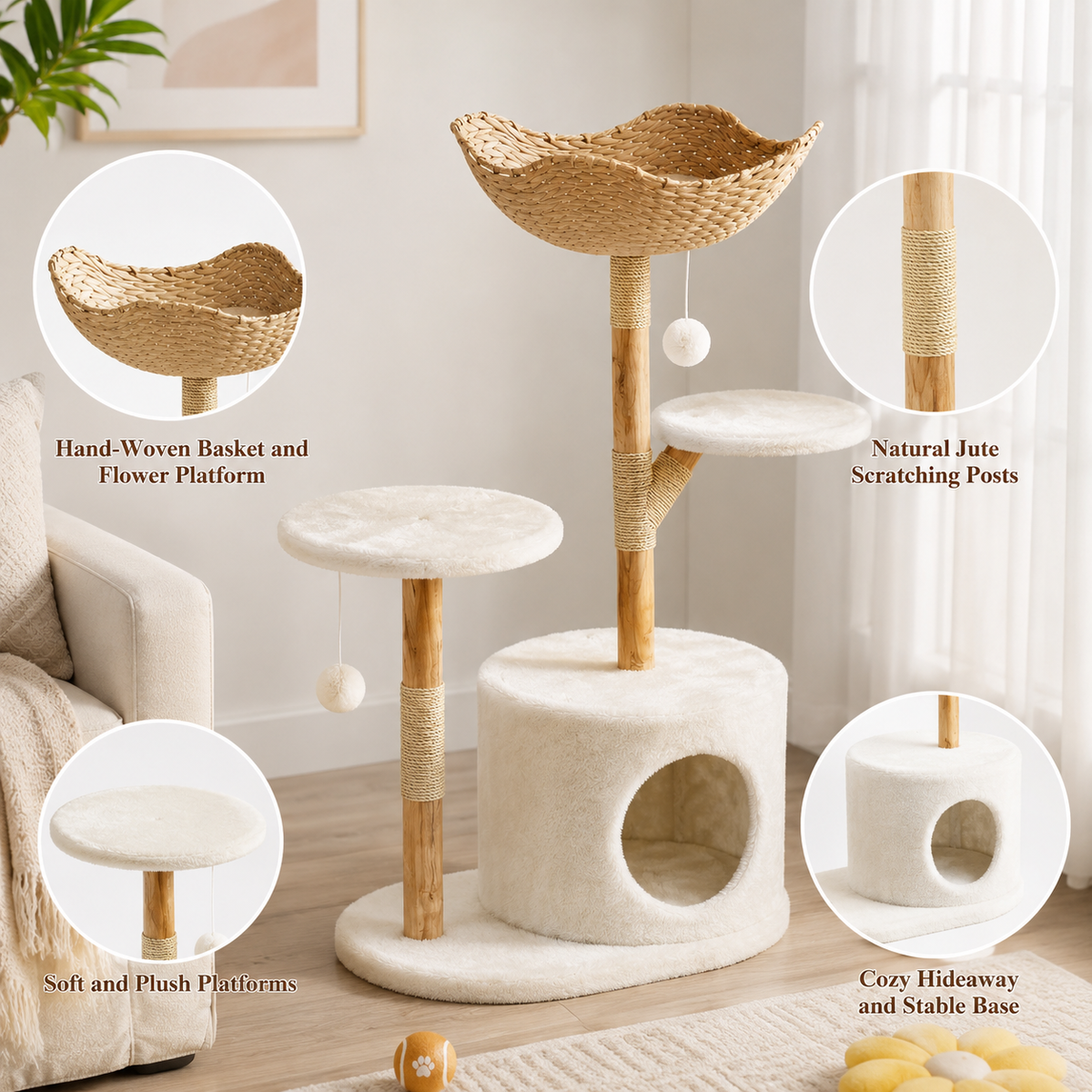 Cat Tree 110cm — 4-Tier Cat Tower with Plush Bed & Sisal Scratching Posts