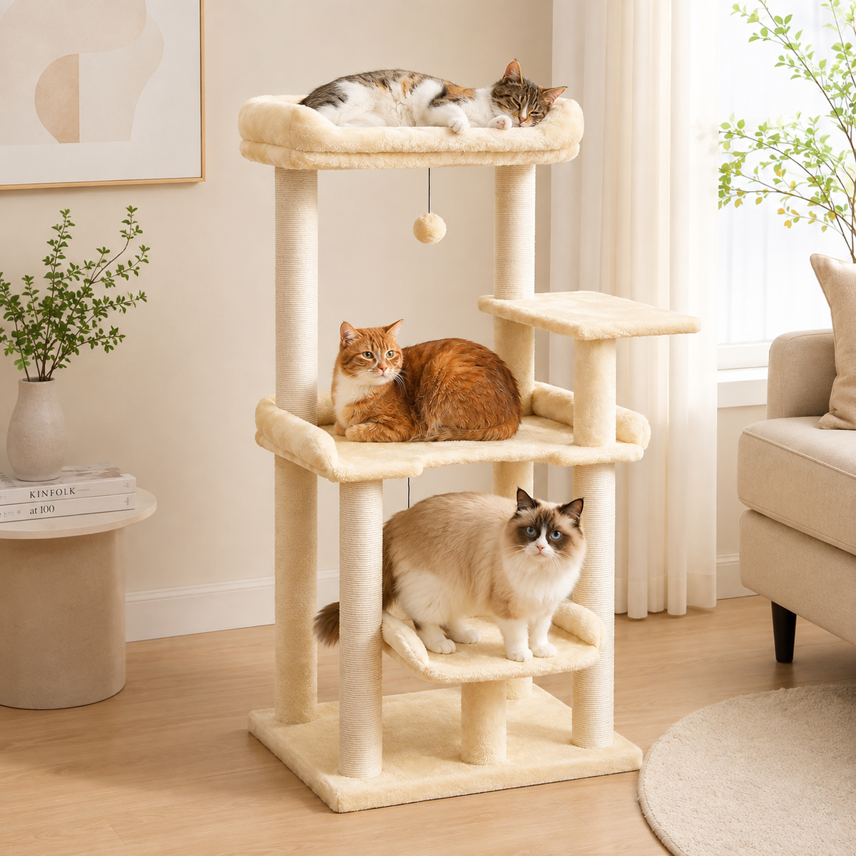 Cat Tree 110cm — 4-Tier Cat Tower with Plush Bed & Sisal Scratching Posts
