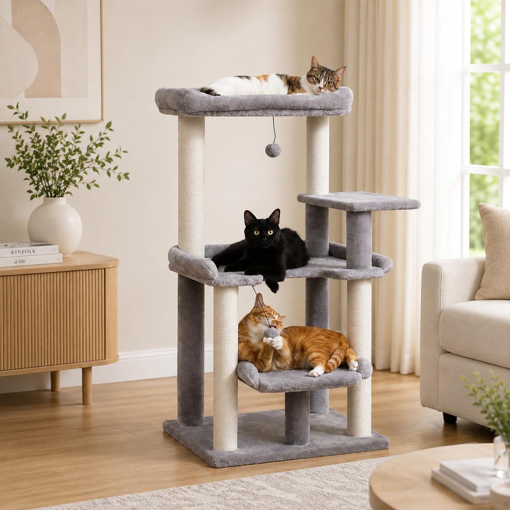 Cat Tree 110cm — 4-Tier Cat Tower with Plush Bed & Sisal Scratching Posts