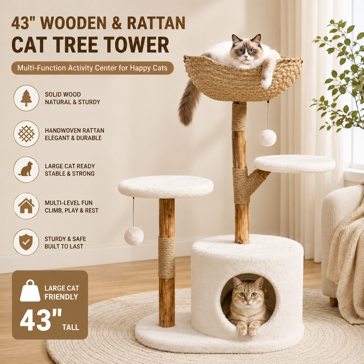 Cat Tree 110cm — 4-Tier Cat Tower with Plush Bed & Sisal Scratching Posts
