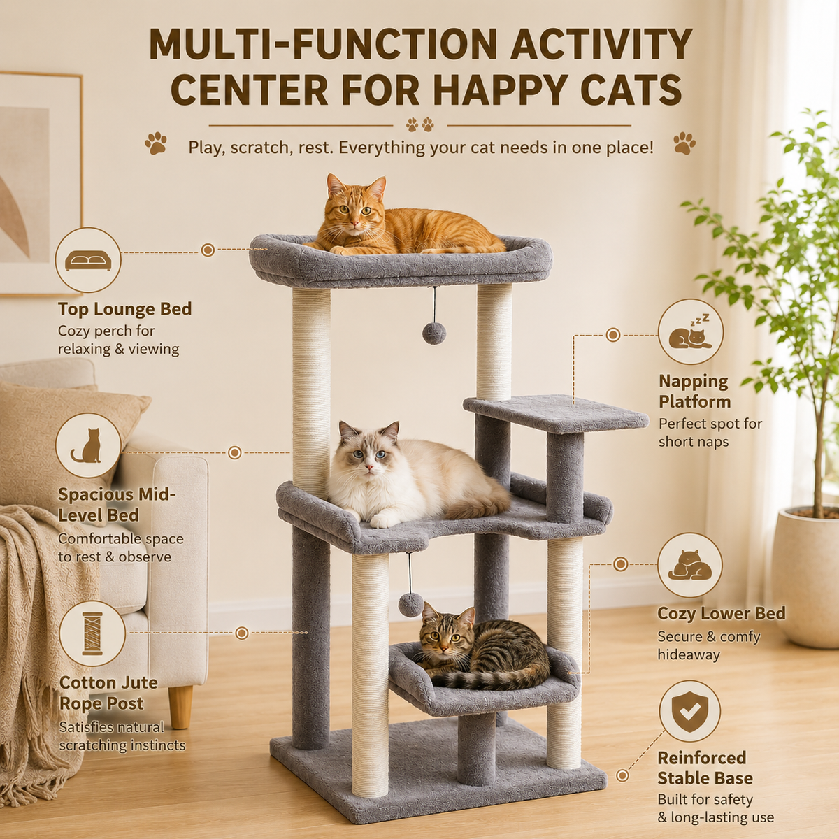 Cat Tree 110cm — 4-Tier Cat Tower with Plush Bed & Sisal Scratching Posts