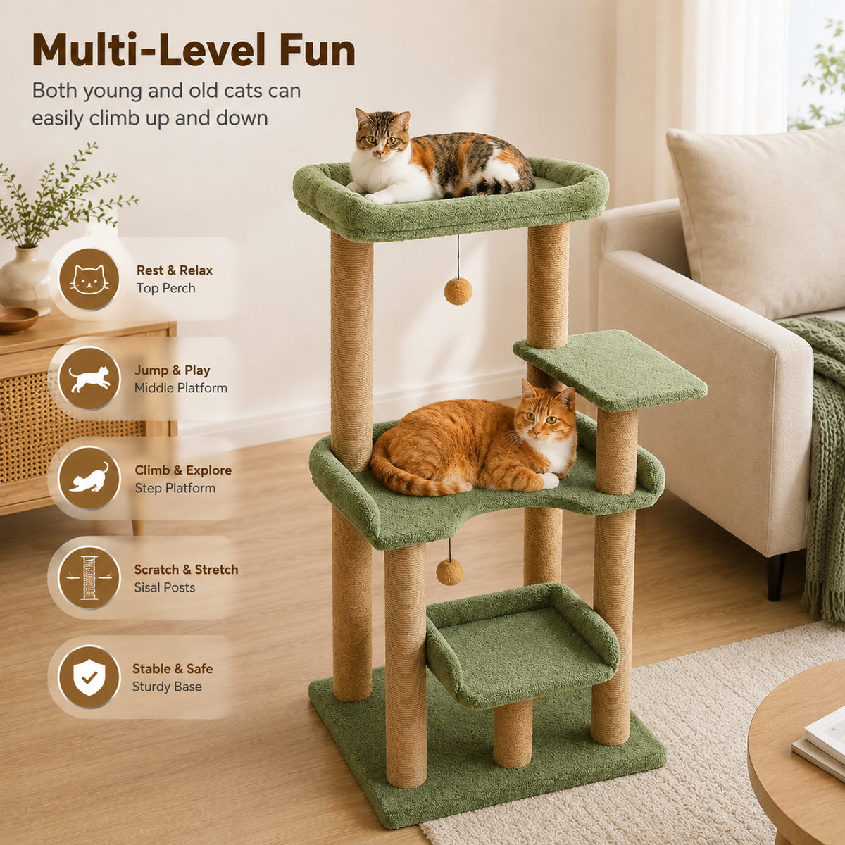 Cat Tree 110cm — 4-Tier Cat Tower with Plush Bed & Sisal Scratching Posts