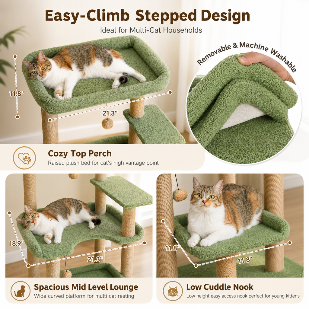 Cat Tree 110cm — 4-Tier Cat Tower with Plush Bed & Sisal Scratching Posts