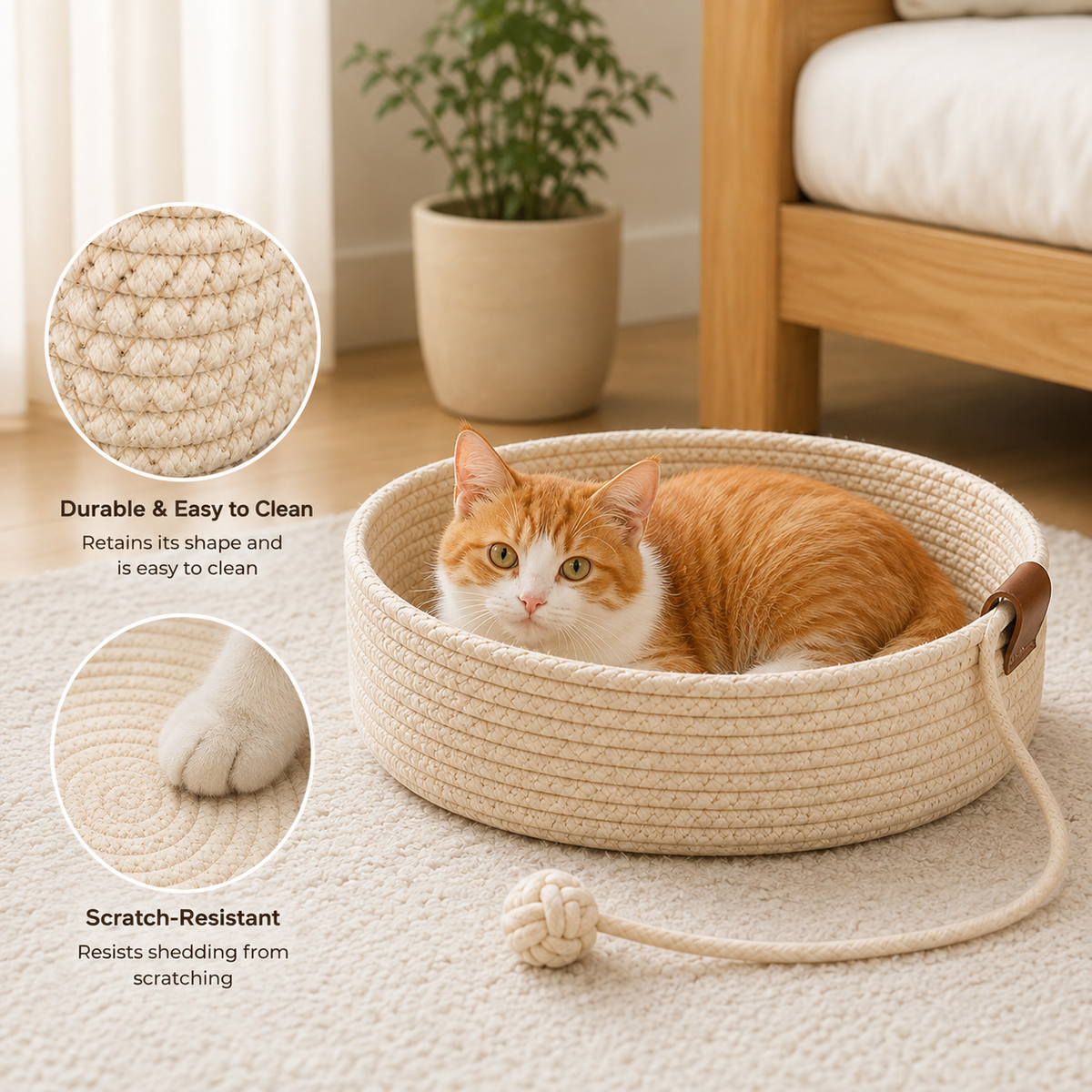 Wooden Cat Tree — 3-Tier Modern Cat Tower with Removable Basket Bed