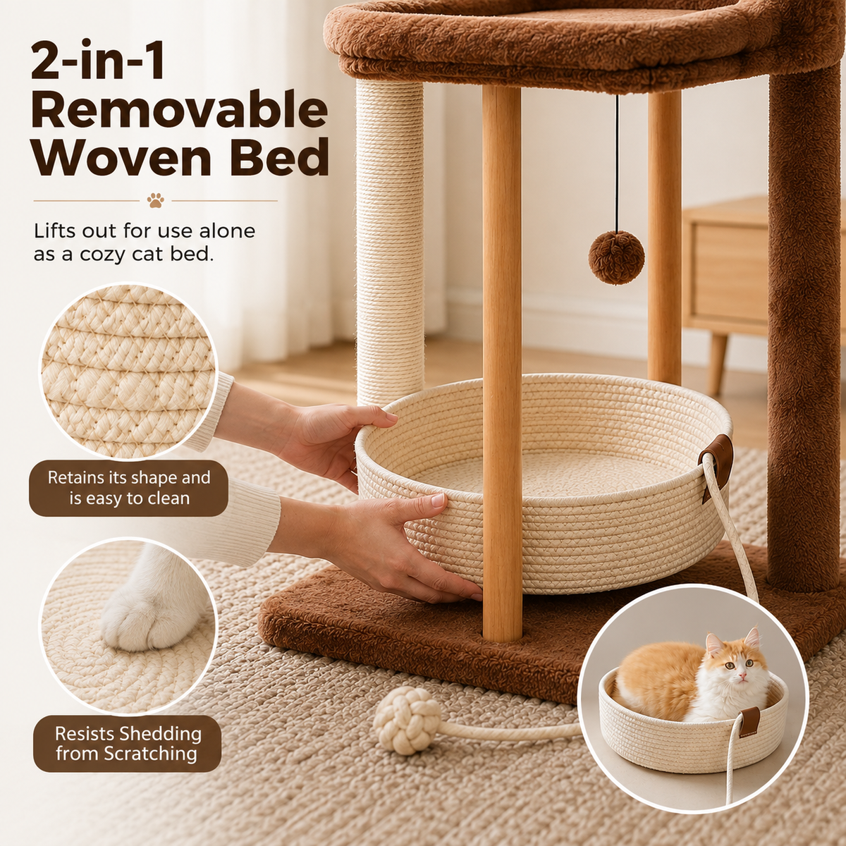 Wooden Cat Tree — 3-Tier Modern Cat Tower with Removable Basket Bed