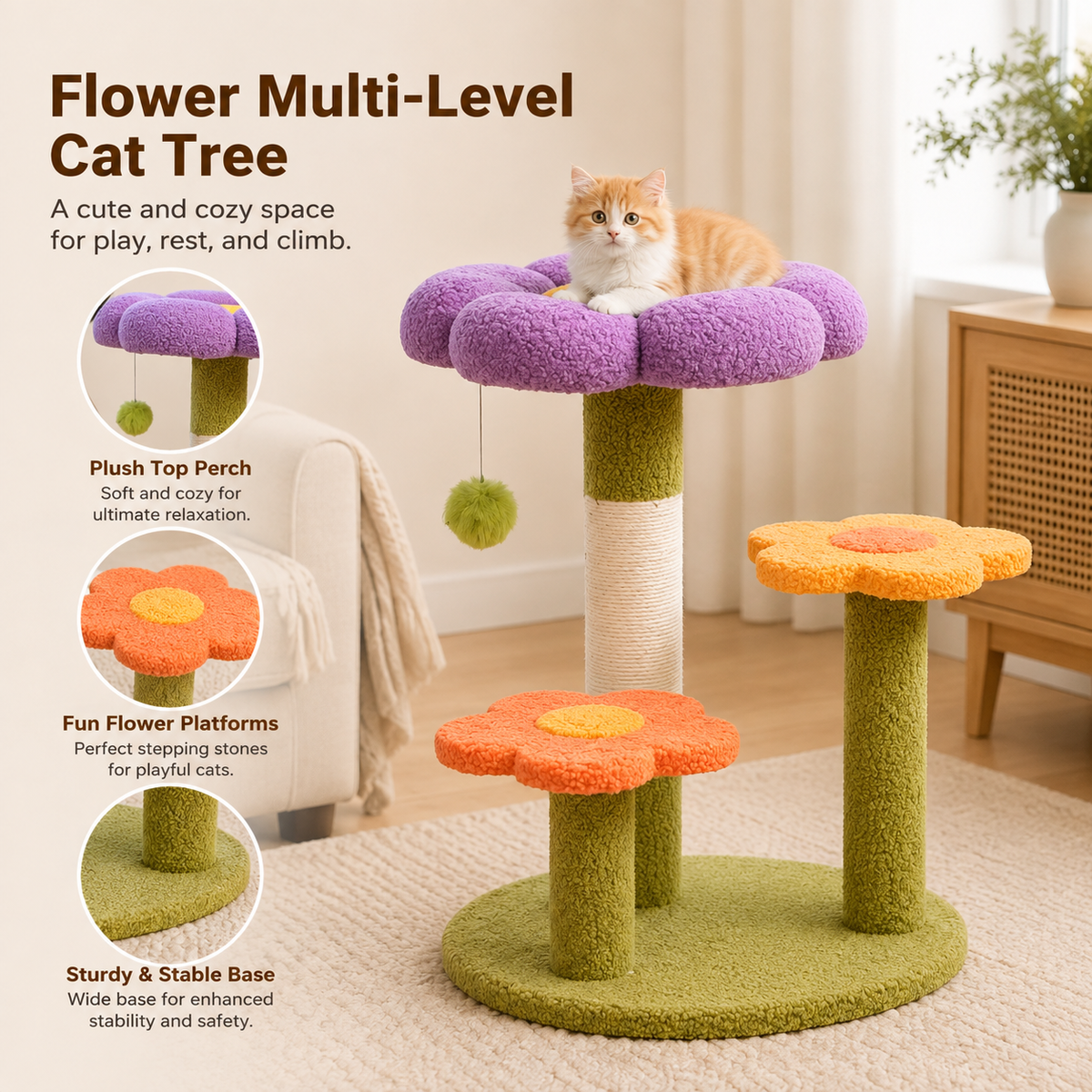 Small Cat Tree — 3-Tier Flower Cat Tower with Sisal Scratching Posts
