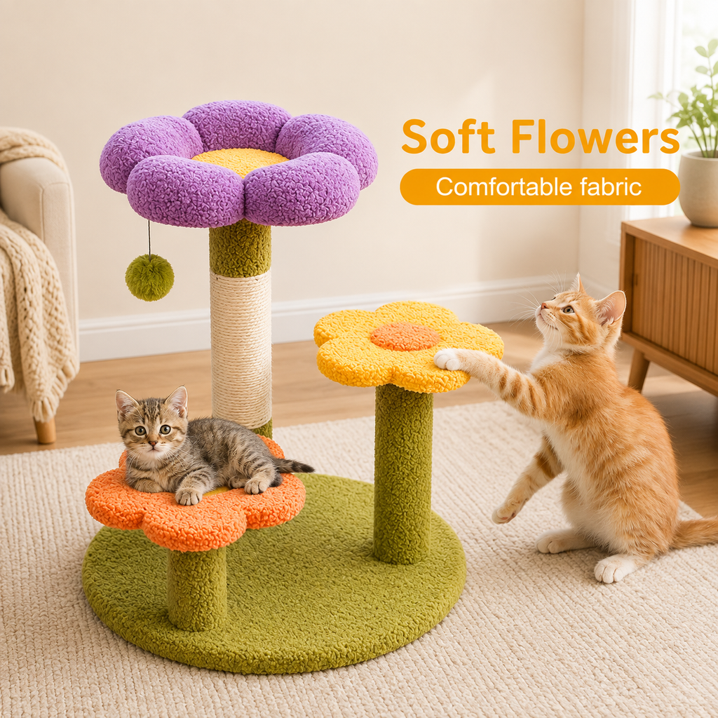 Small Cat Tree — 3-Tier Flower Cat Tower with Sisal Scratching Posts