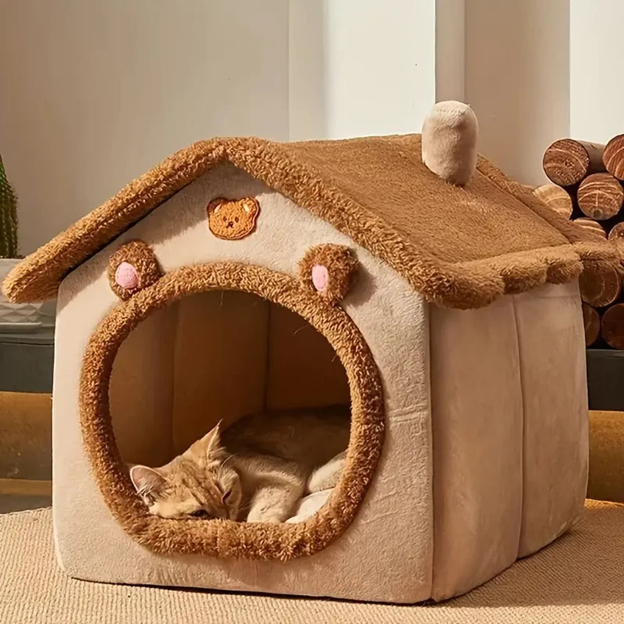 Foldable Cat Cave Bed — Washable Cover, Folds Flat