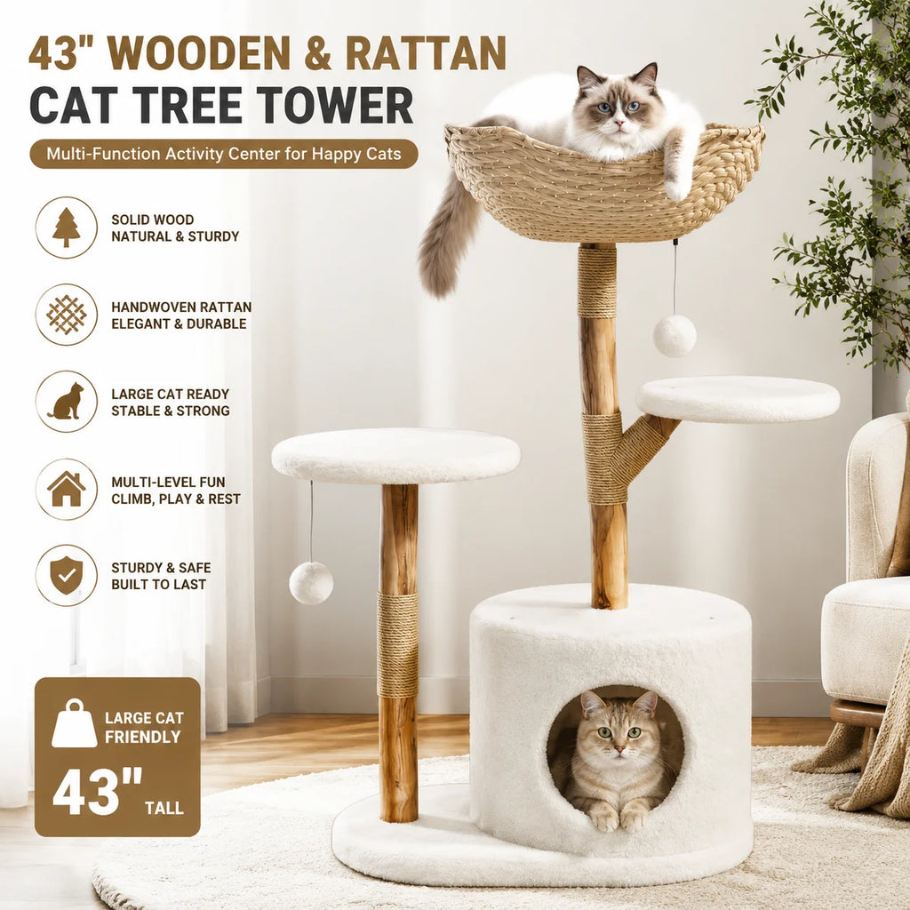 Rattan Cat Tree 43" — Modern Wooden Tower with Perches