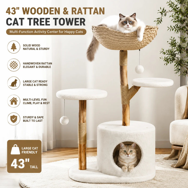 Rattan Cat Tree 43" — Modern Wooden Tower with Perches