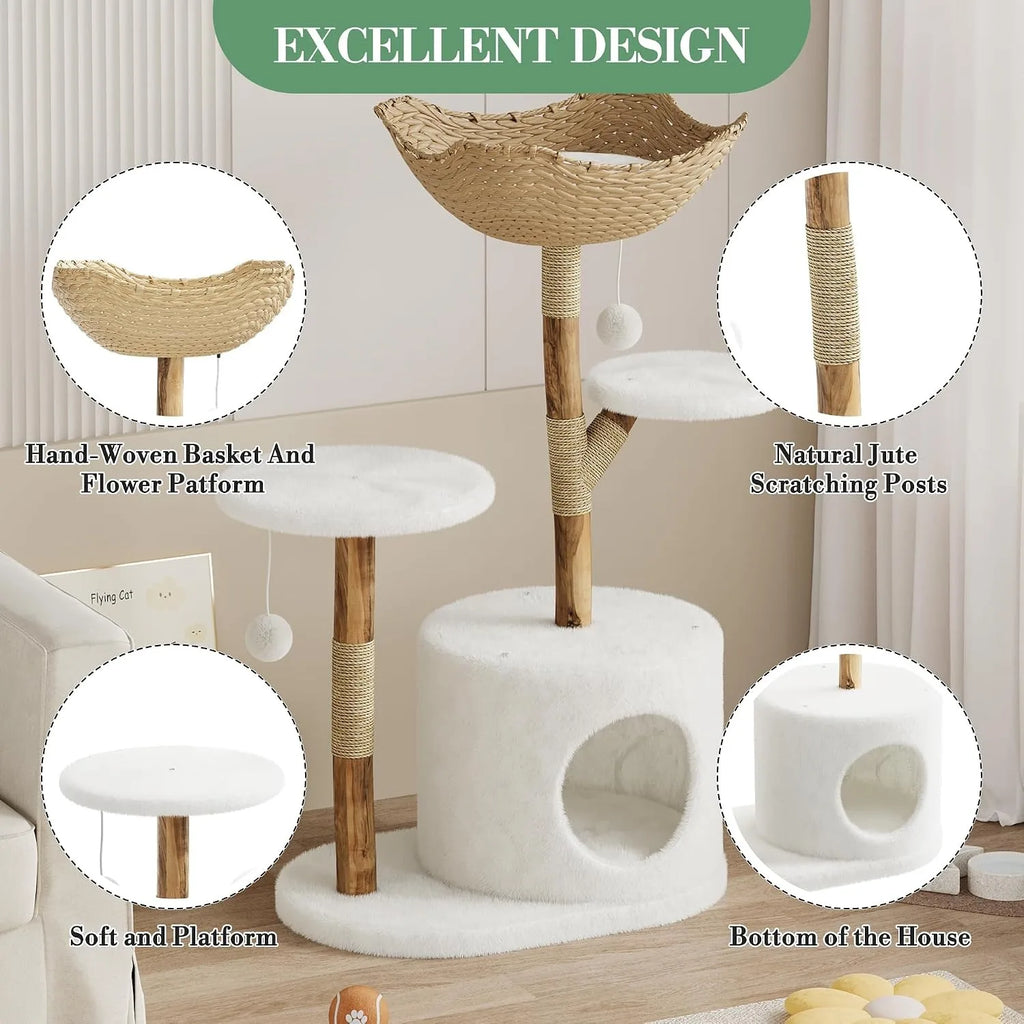 Rattan Cat Tree 43" — Modern Wooden Tower with Perches