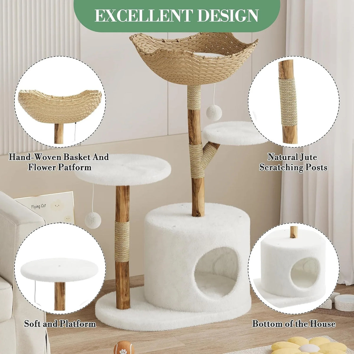 Rattan Cat Tree 43" — Modern Wooden Tower with Perches