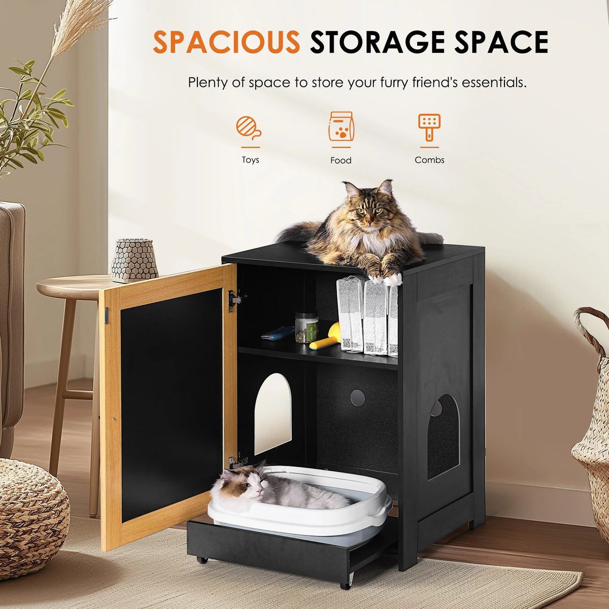 Black Cat Litter Box Enclosure — Hidden Cabinet End Table