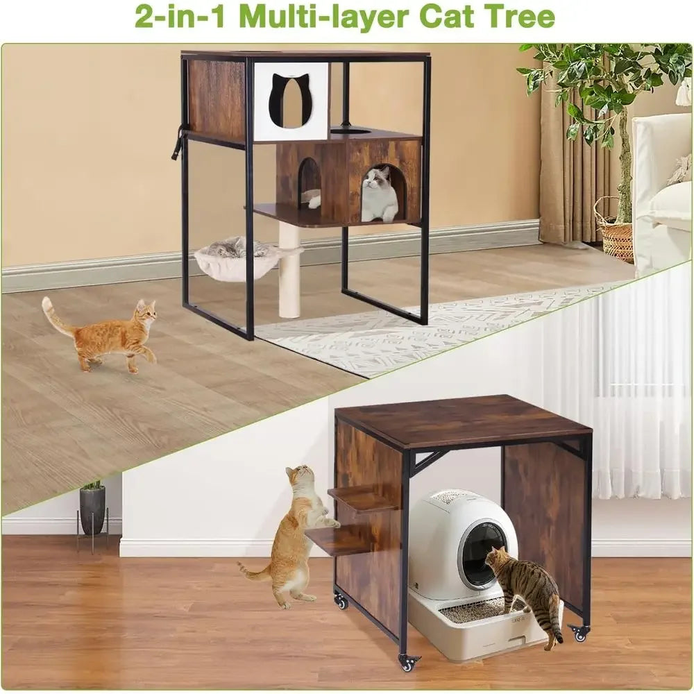 Wooden Cat Tree with Hidden Litter Enclosure & Storage