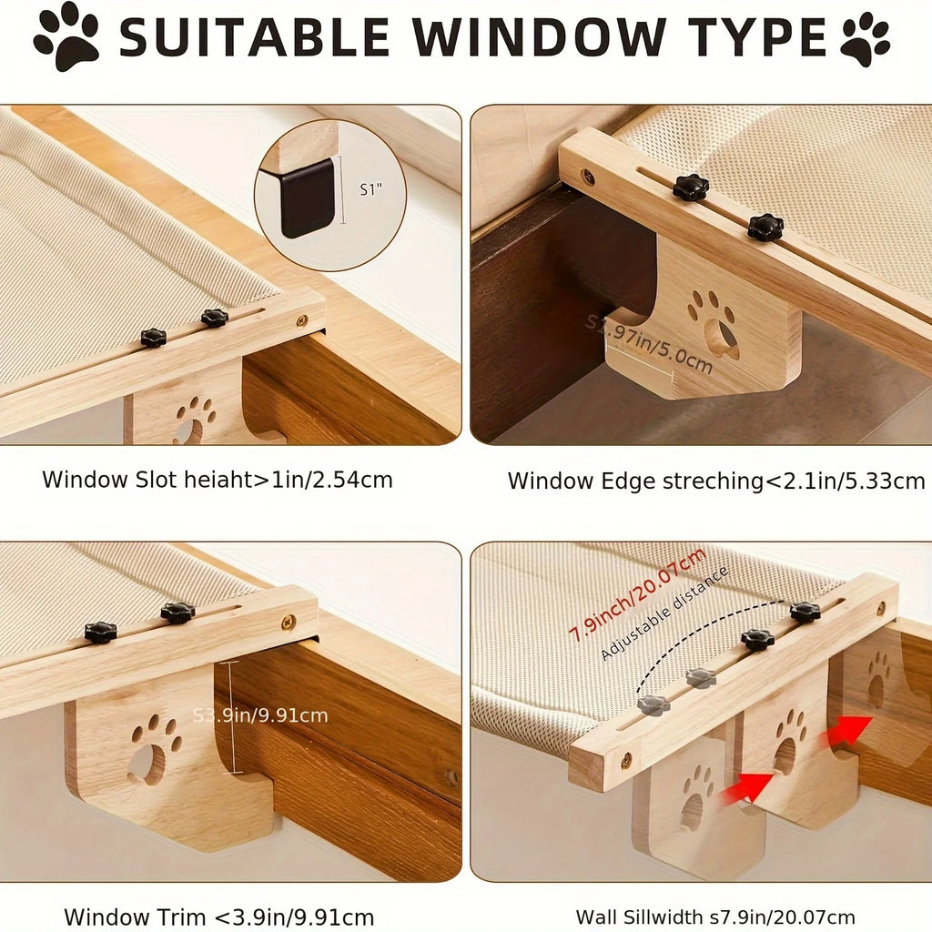 Wooden Cat Window Hammock — Adjustable Sill Perch