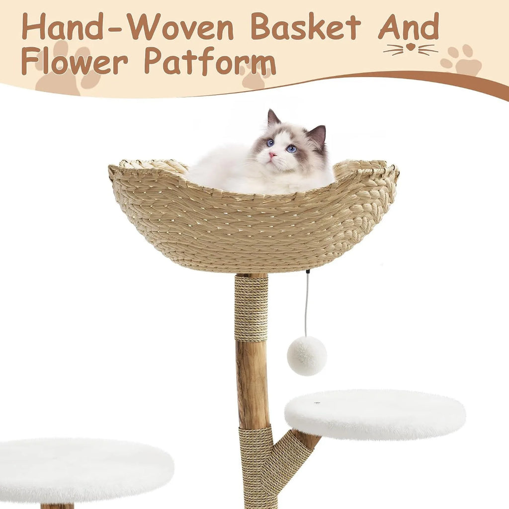Rattan Cat Tree 43" — Modern Wooden Tower with Perches