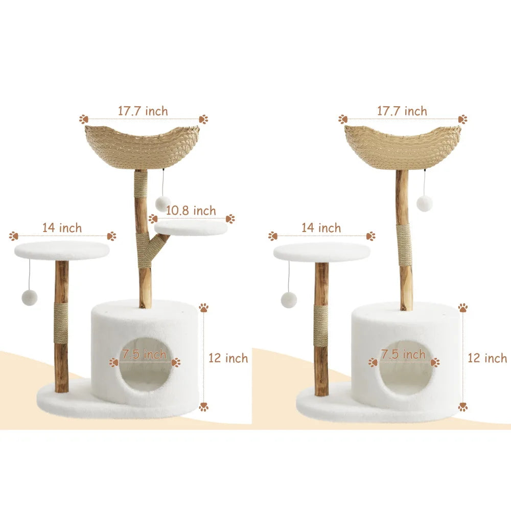 Rattan Cat Tree 43" — Modern Wooden Tower with Perches