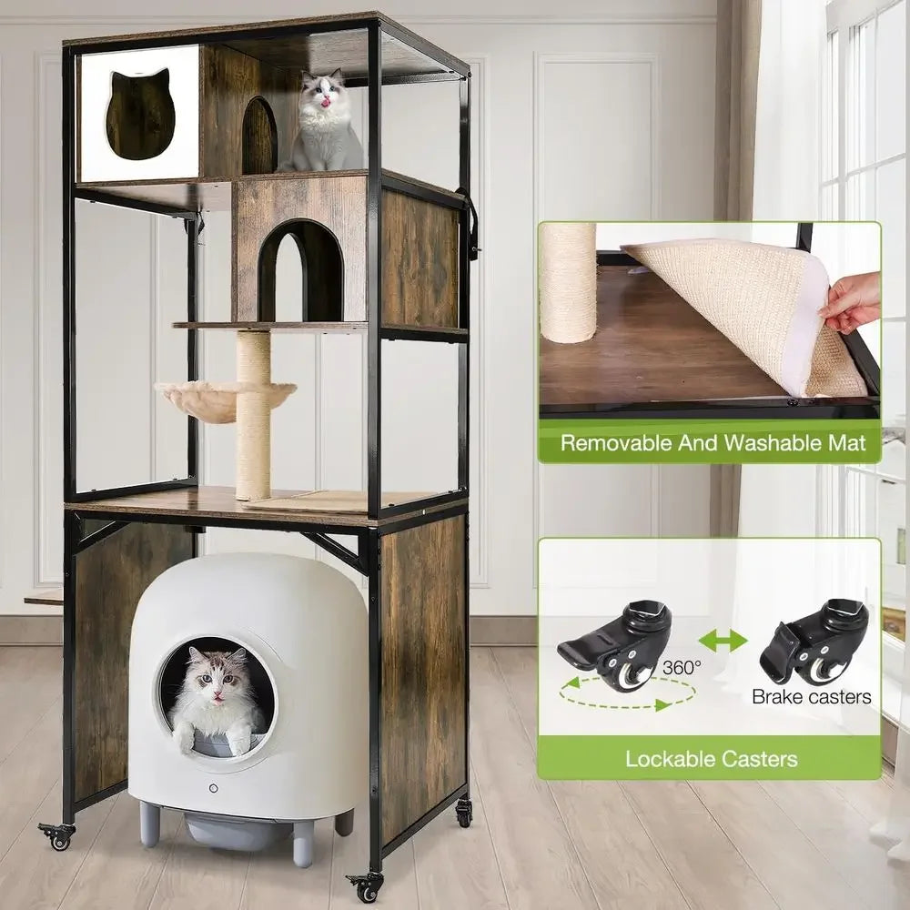 Wooden Cat Tree with Hidden Litter Enclosure & Storage