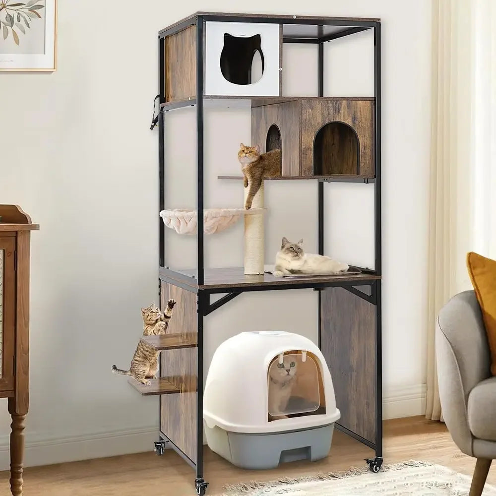 Wooden Cat Tree with Hidden Litter Enclosure & Storage