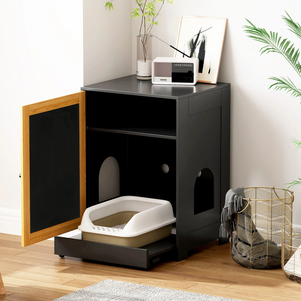 Black Cat Litter Box Enclosure — Hidden Cabinet End Table