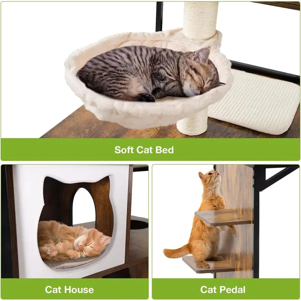 Wooden Cat Tree with Hidden Litter Enclosure & Storage