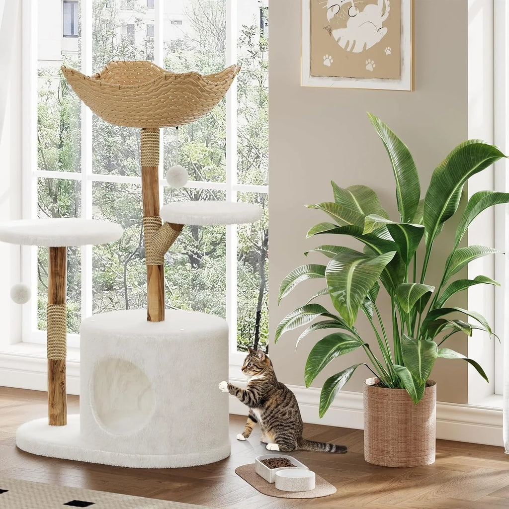 Rattan Cat Tree 43" — Modern Wooden Tower with Perches
