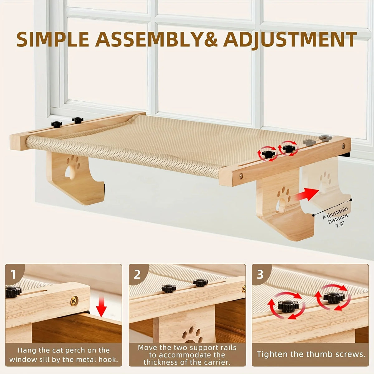 Wooden Cat Window Hammock — Adjustable Sill Perch
