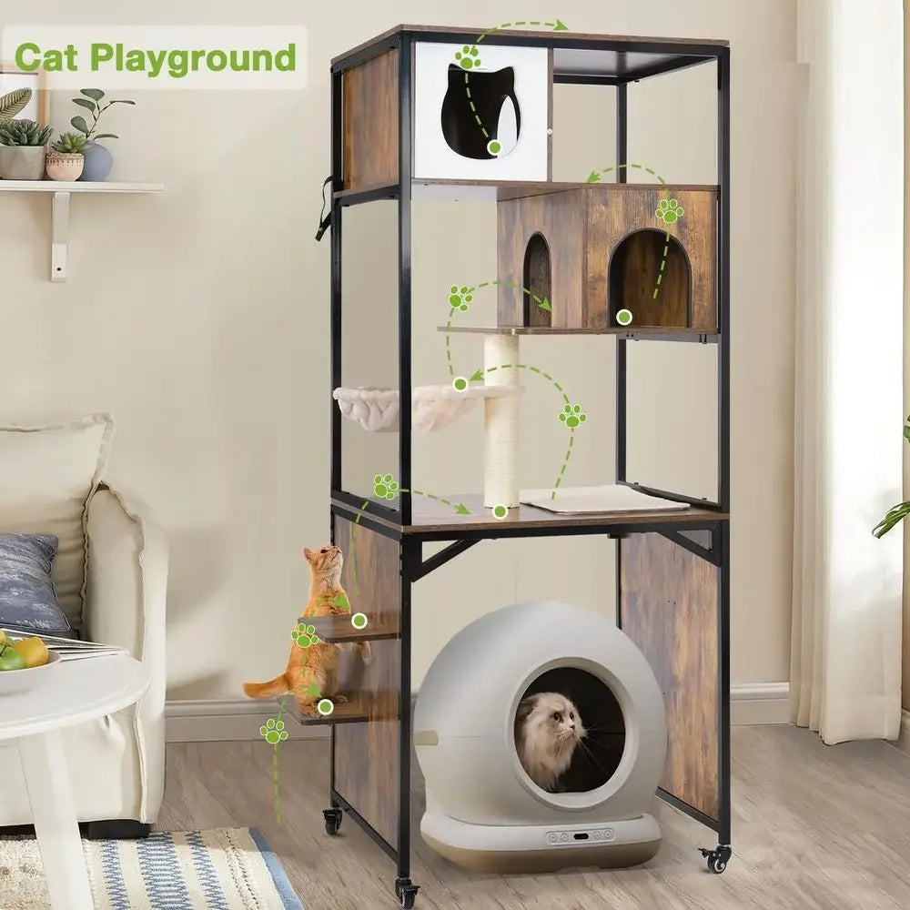 Wooden Cat Tree with Hidden Litter Enclosure & Storage