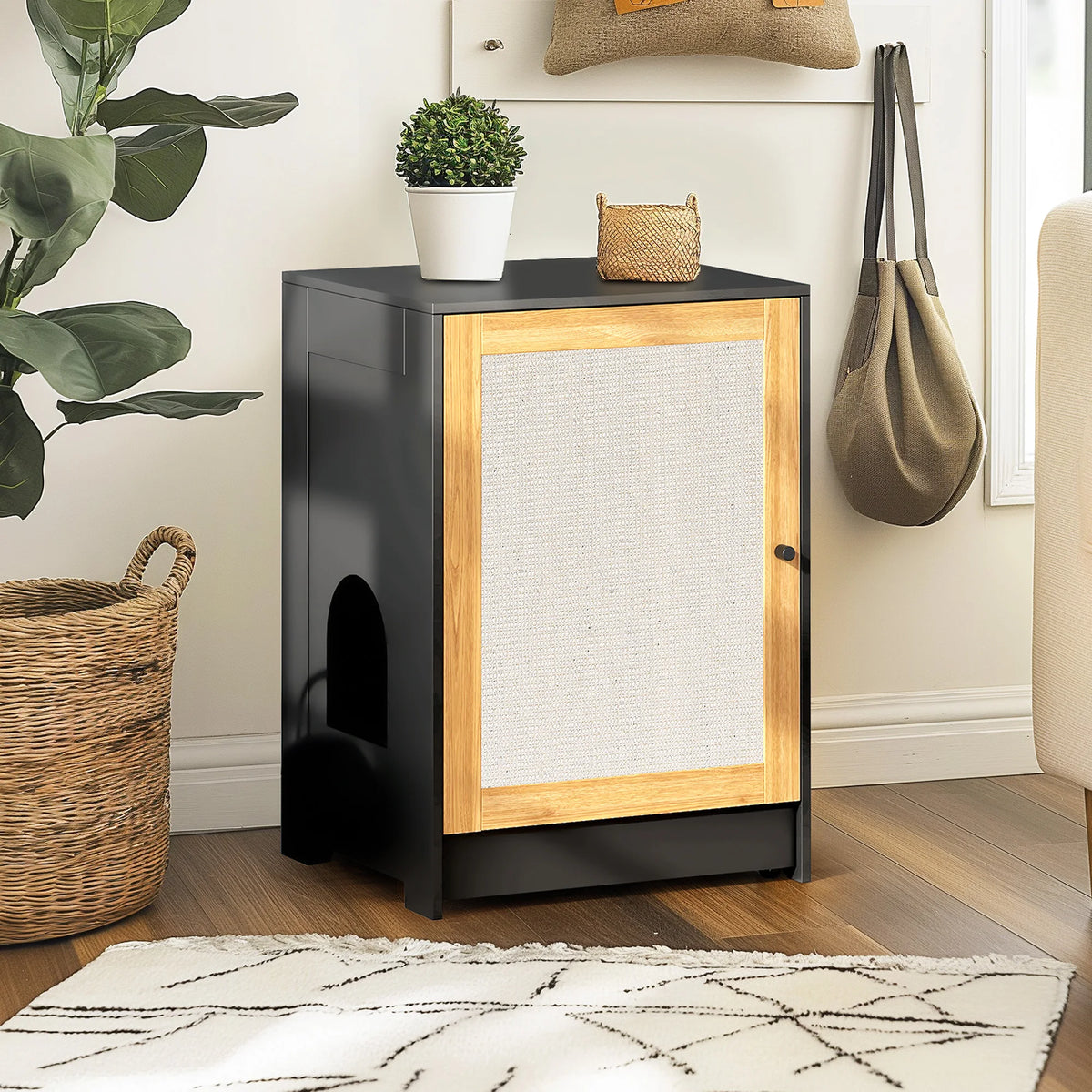 Black Cat Litter Box Enclosure — Hidden Cabinet End Table
