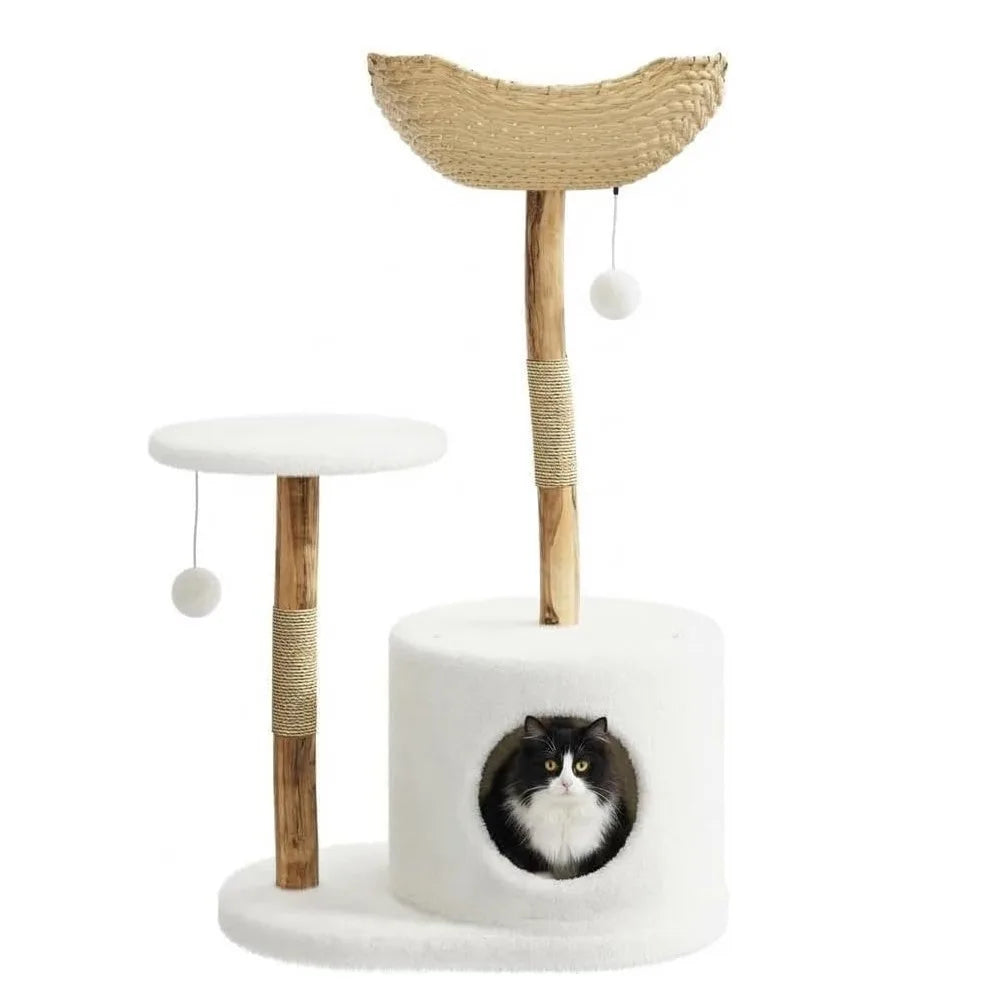 Rattan Cat Tree 43" — Modern Wooden Tower with Perches