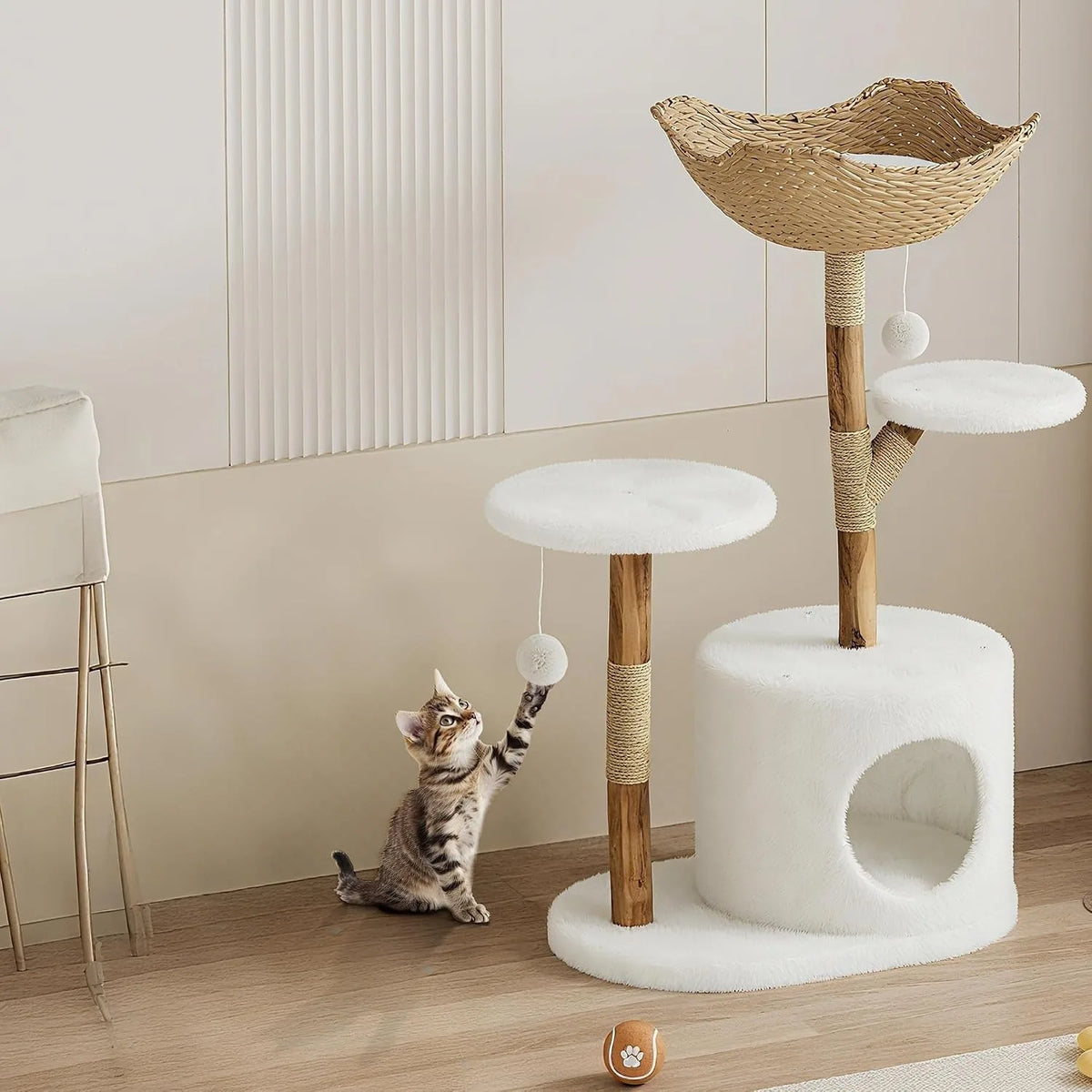 Rattan Cat Tree 43" — Modern Wooden Tower with Perches