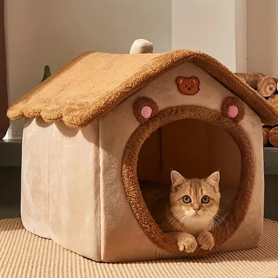 Foldable Cat Cave Bed — Washable Cover, Folds Flat