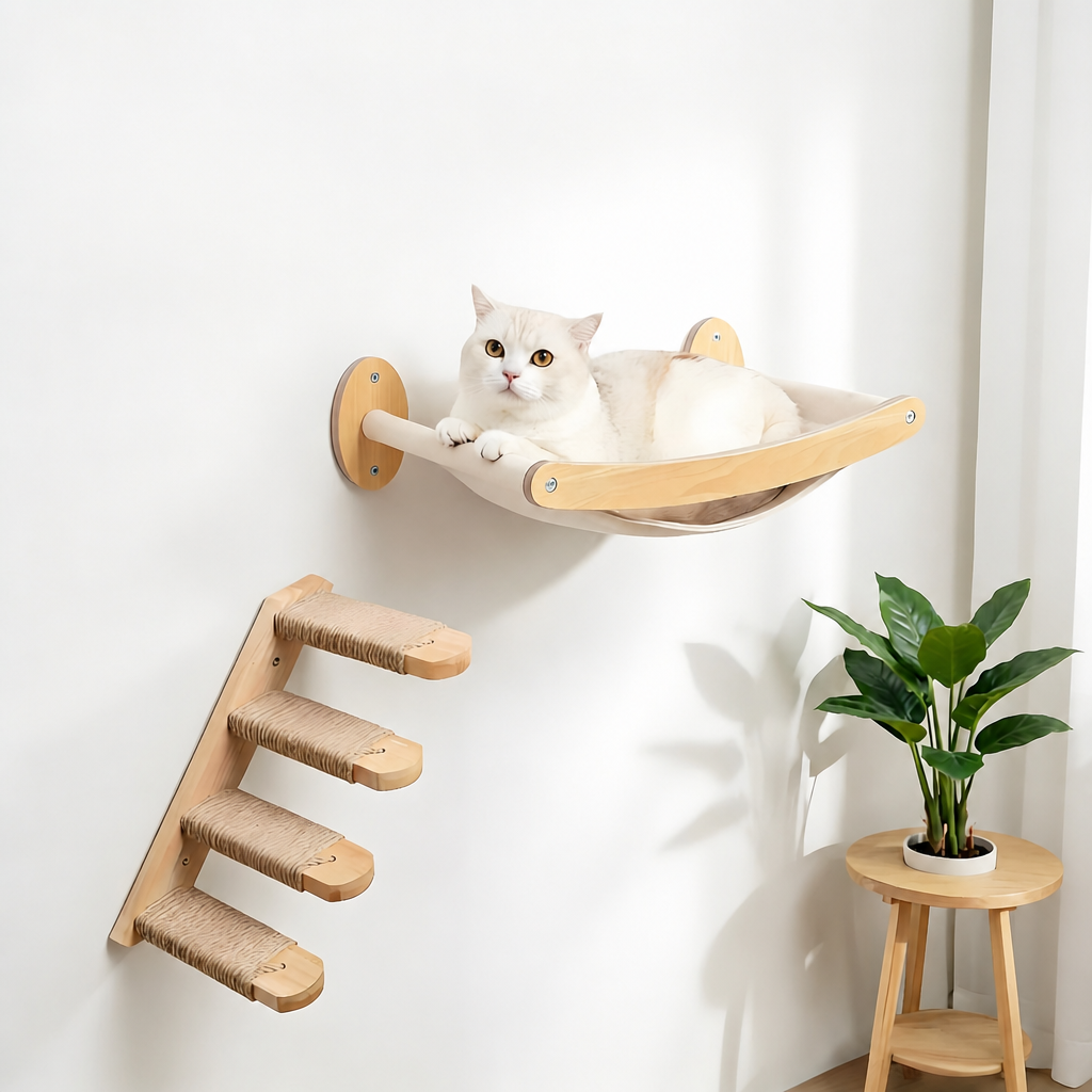 Cat Wall Shelves — Wall Mounted Cat Climbing Set with Hammock & Sisal Steps