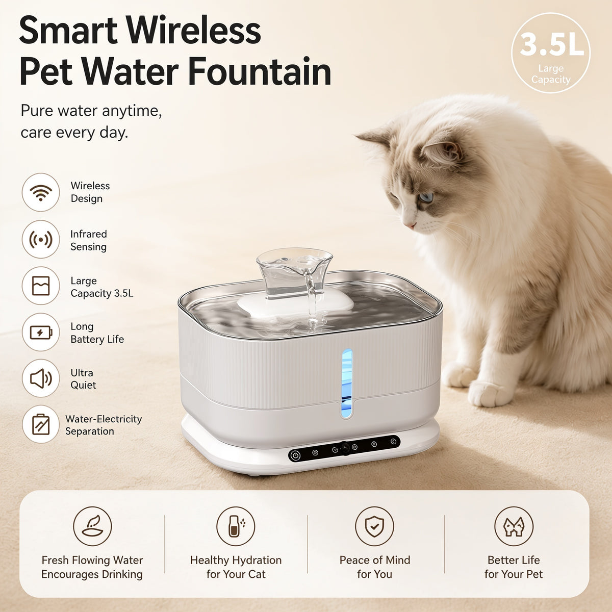 Cat Water Fountain 3.5L — Cordless Rechargeable Pet Drinking Fountain