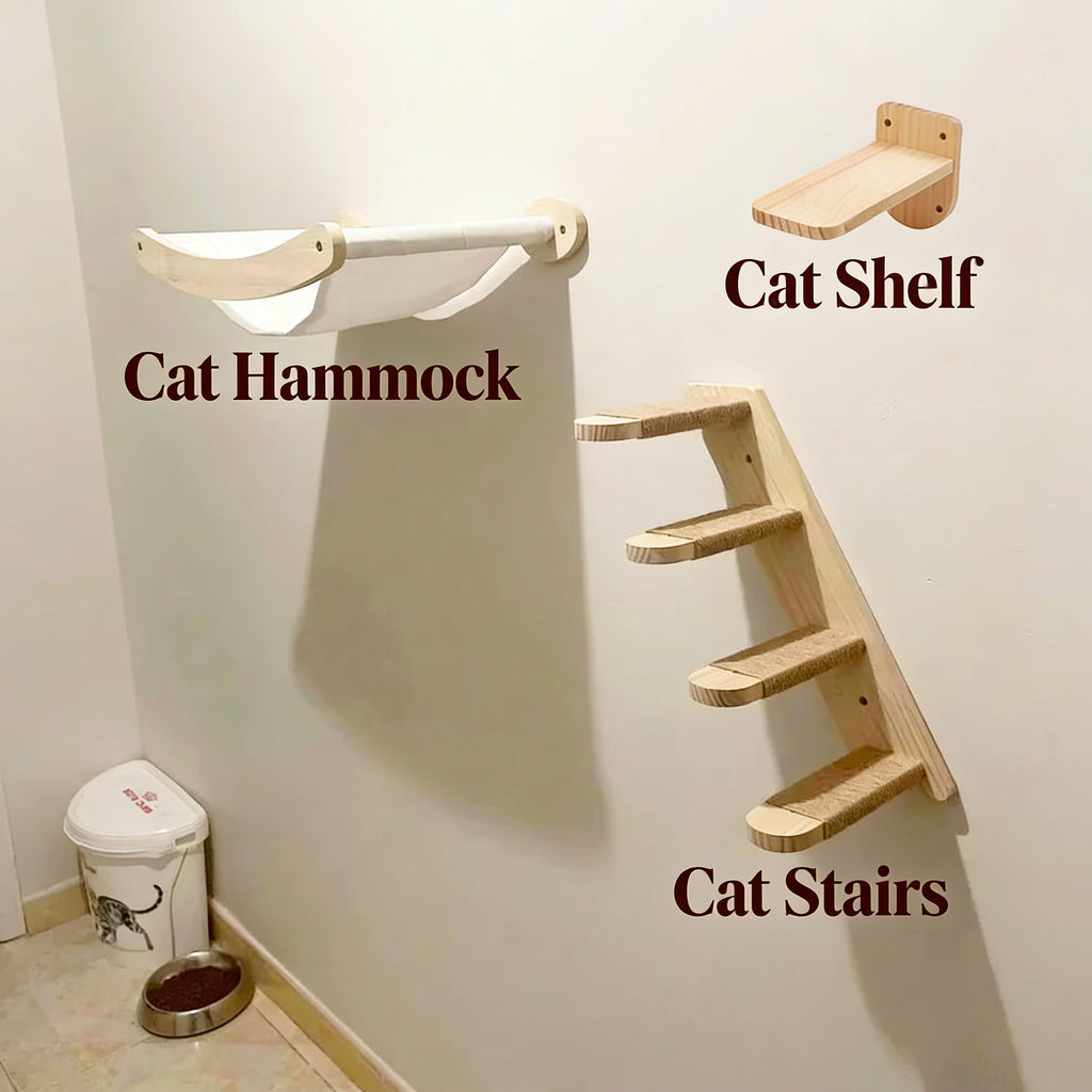 Cat Wall Shelves — Wall Mounted Cat Climbing Set with Hammock & Sisal Steps