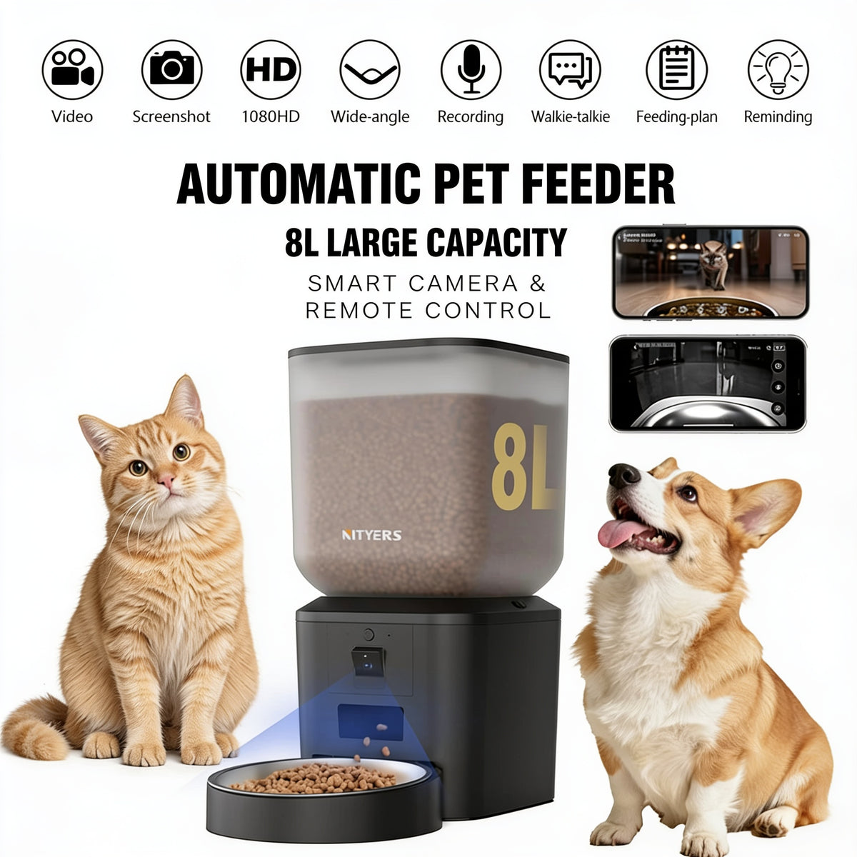 Automatic Cat Feeder with Camera — 8L Smart WiFi Pet Feeder, 1080p HD