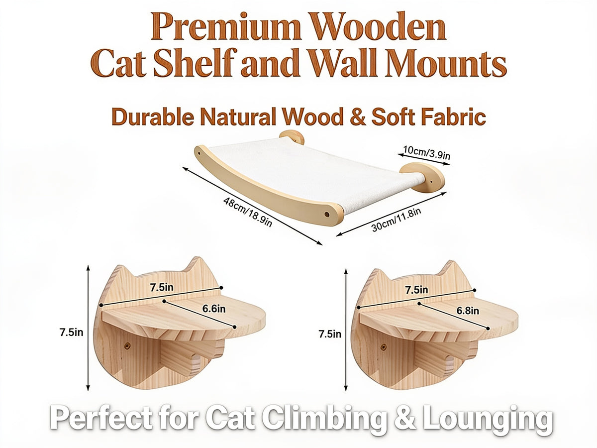 Cat Wall Shelves — Wall Mounted Cat Climbing Set with Hammock & Sisal Steps