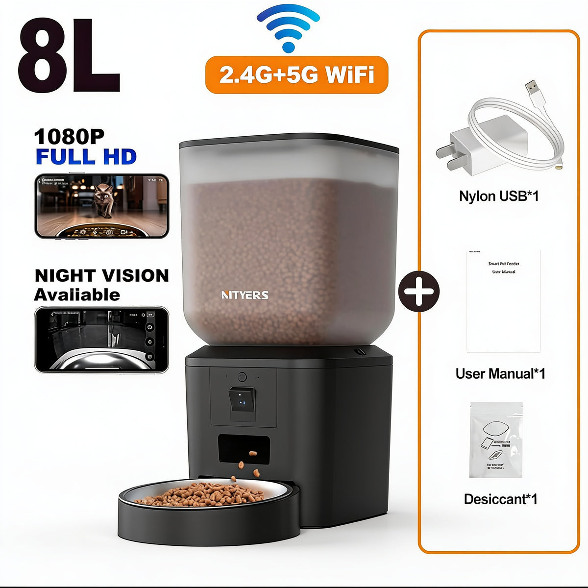 Automatic Cat Feeder with Camera — 8L Smart WiFi Pet Feeder, 1080p HD